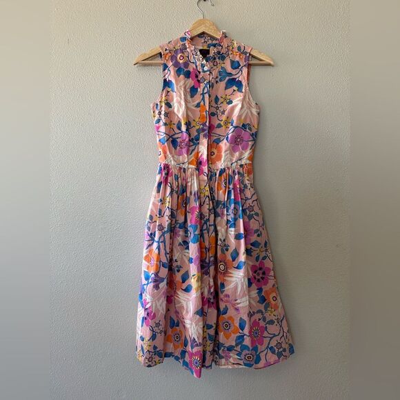 J Crew Liberty London Pavilion Pink Floral High Neck Button Up Midi Dress 00 - Picture 3 of 11